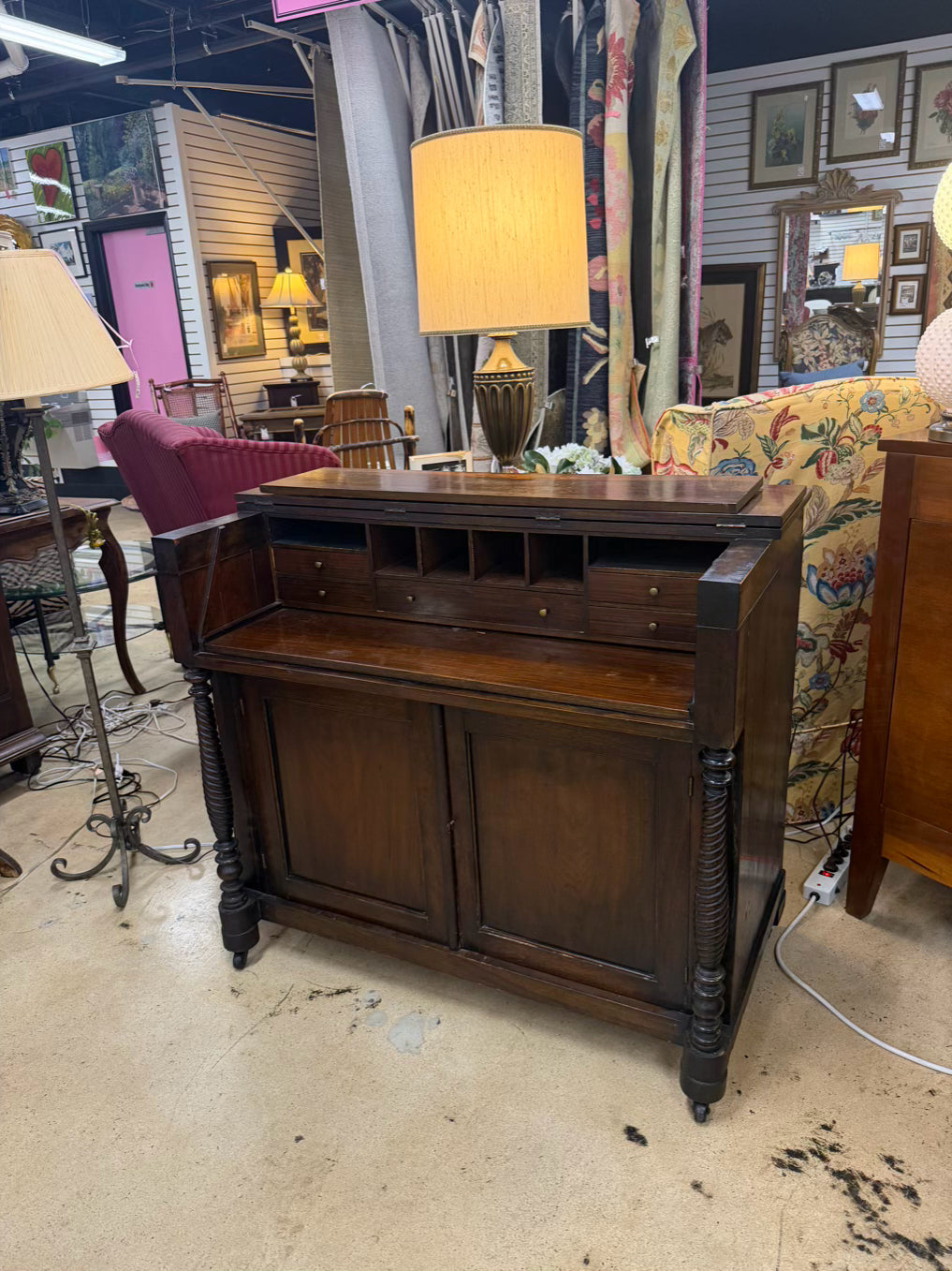 Dark Wood Drop Front Desk w/ Lower Cabinet