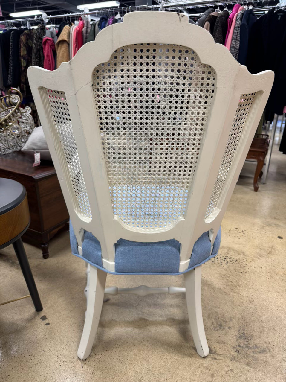 VINTAGE White Wood Blue Upholstered Cane Back Chair