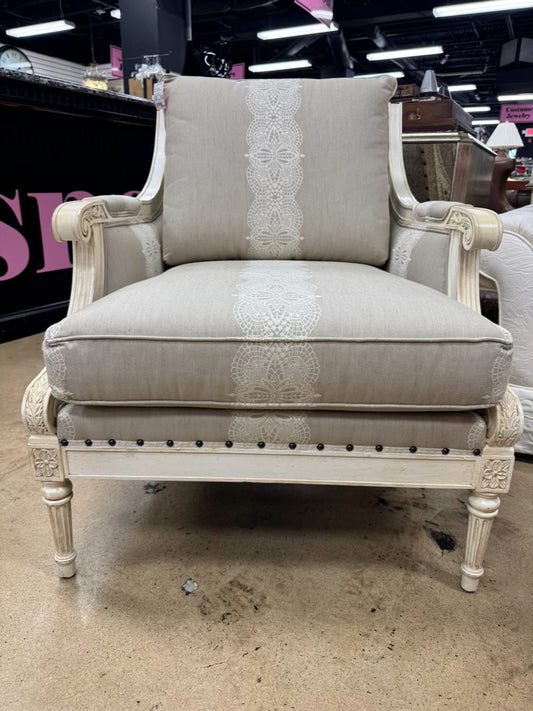 ETHAN ALLEN Cream & Taupe Wood Upholstered French Chair