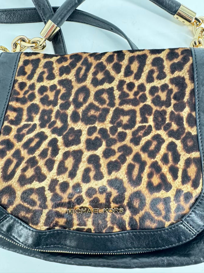 MICHAEL KORS Black Leather & Leopard Print Calf Hair Trim Stanthorpe Satchel