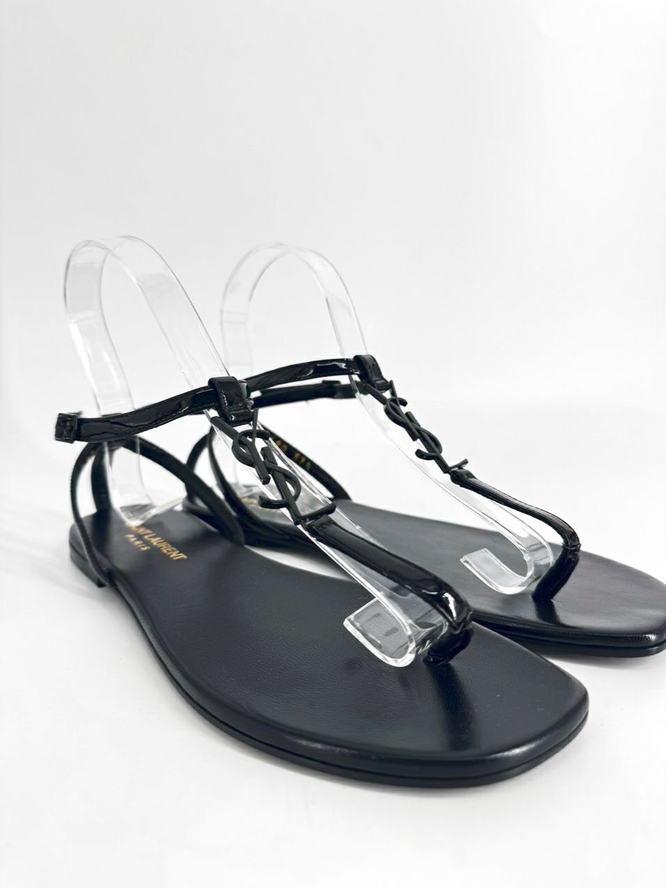 SAINT LAURENT Size 37.5 Black Leather Logo Sandals