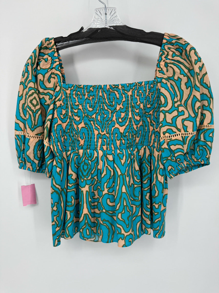 ANNA CATE Size M Turquoise Print Rouching Violet Blouse NWT