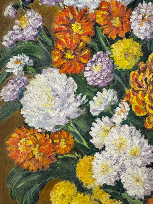 S. JOHNSON Orange & Purple Flowers in Vase Painting in Gold Frame