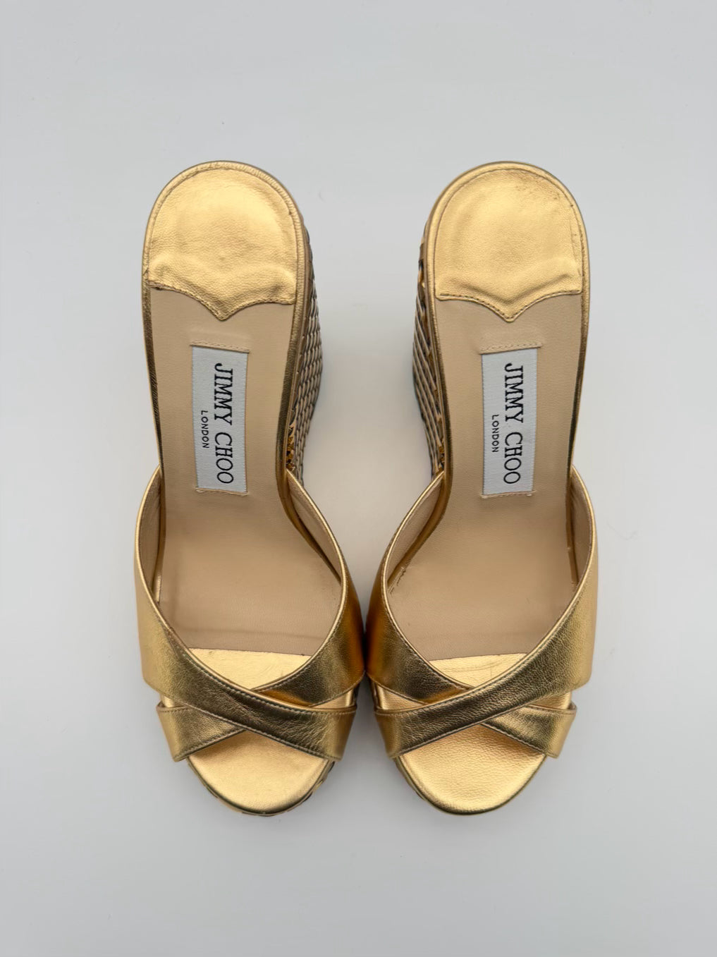JIMMY CHOO WMNS Size 37.5 Almer Metallic Gold Woven Leather Wedge Sandals