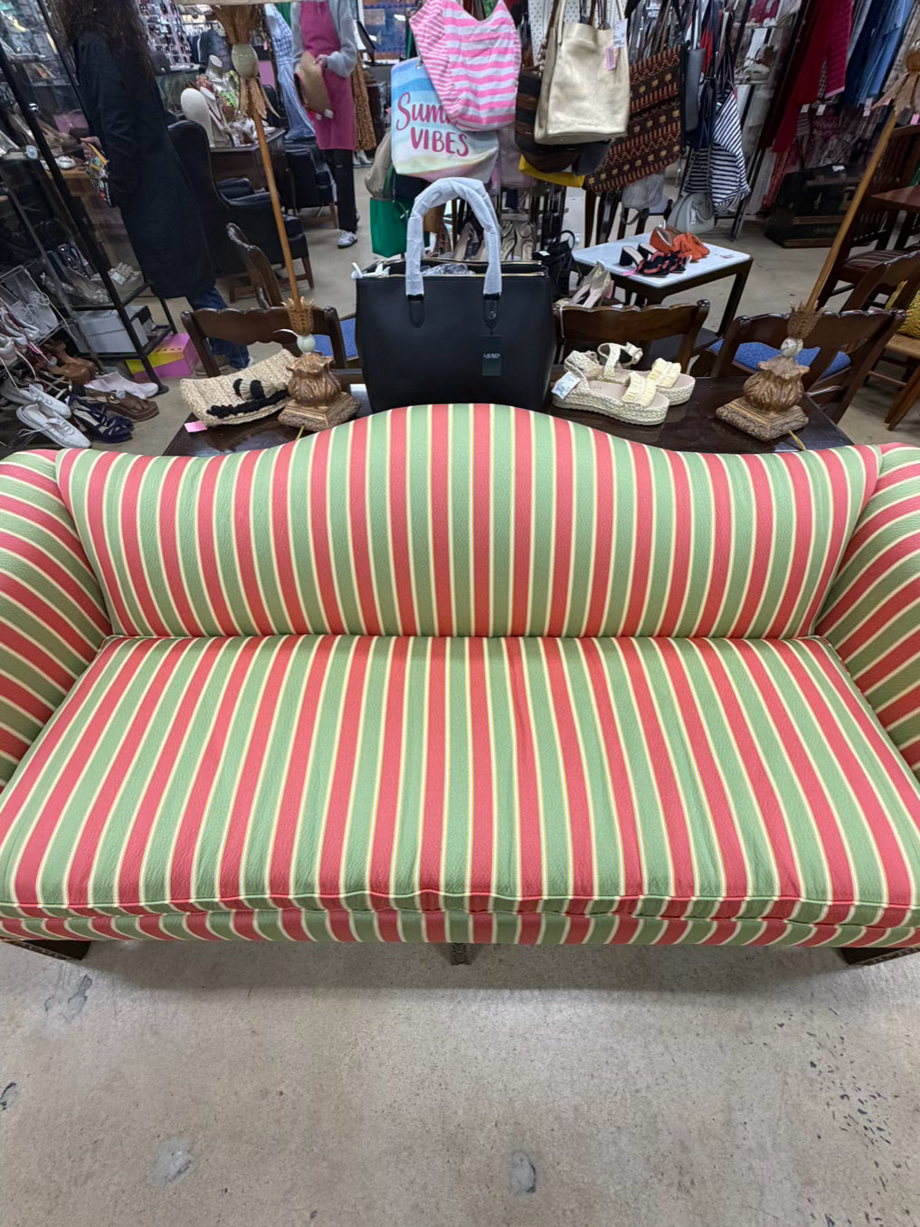 Salmon, Green & Yellow Striped Chippendale Sofa