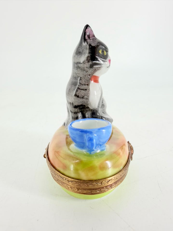 LIMOGES Black, Green & Blue Porcelain Cat Trinket Box