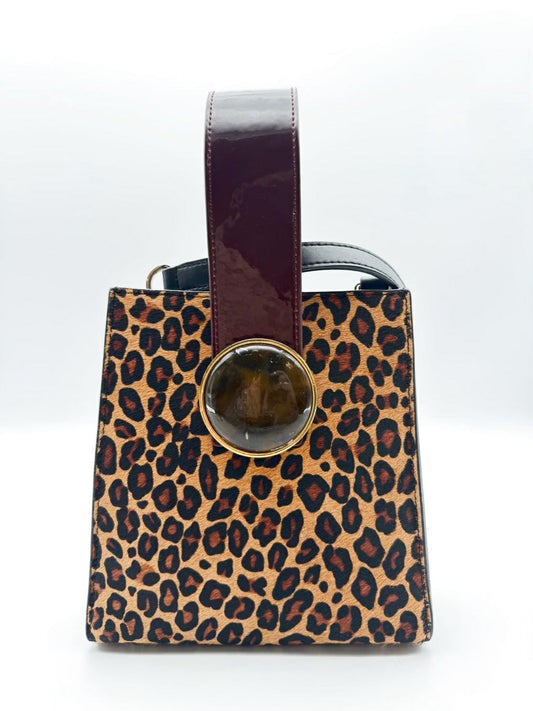 LIZZIE FORTUNADO Brown & Red Calf Leather Animal Print Purse