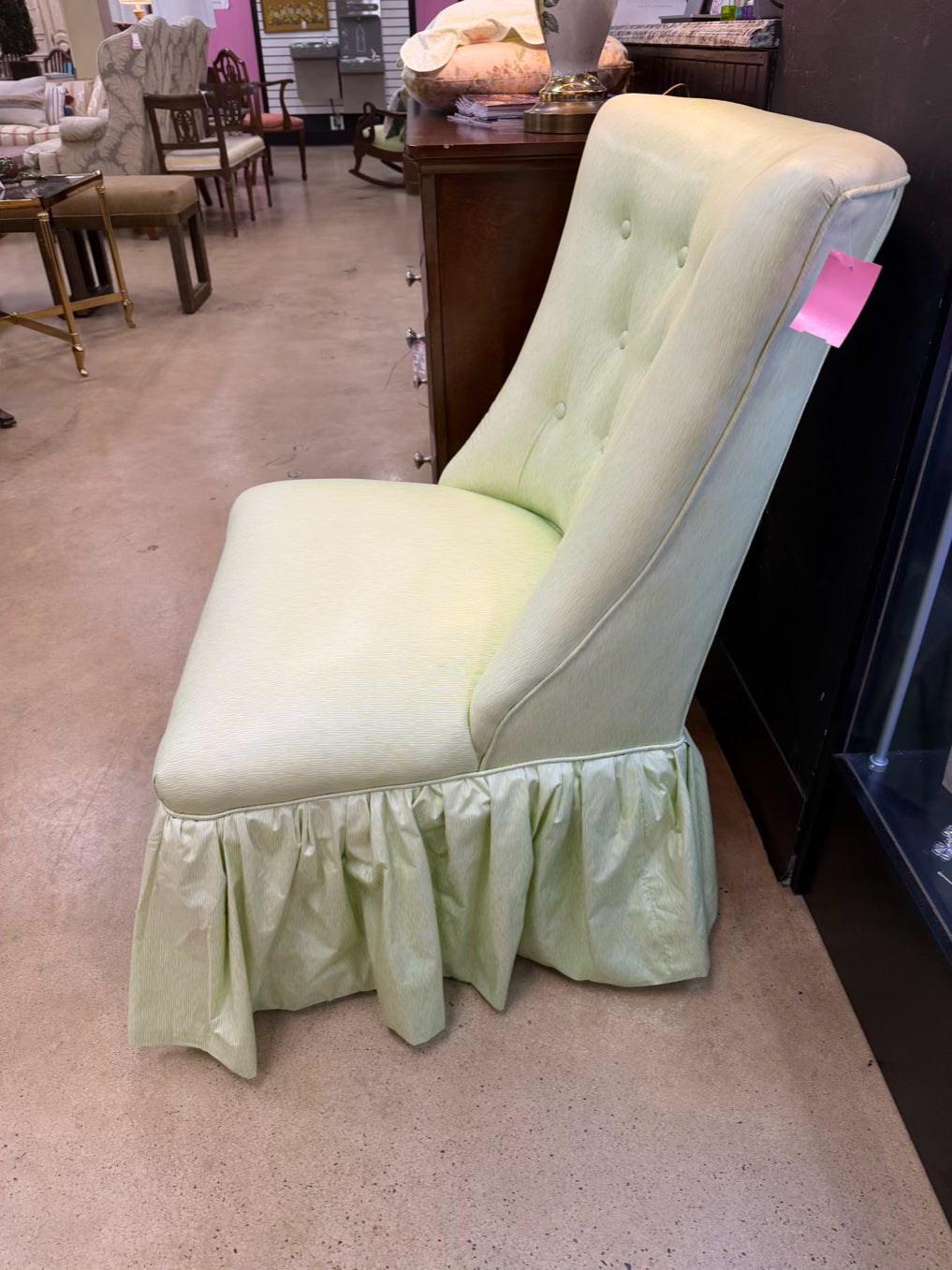 VINTAGE Green & White Stripe Chair w/ Ruffled Skirt