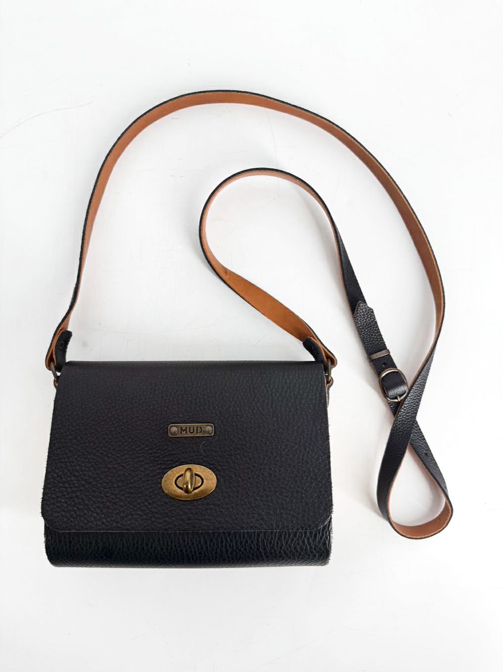 MUD Mini Pear Black Leather & Cork Crossbody Bag w/ Gold Tone Hardware