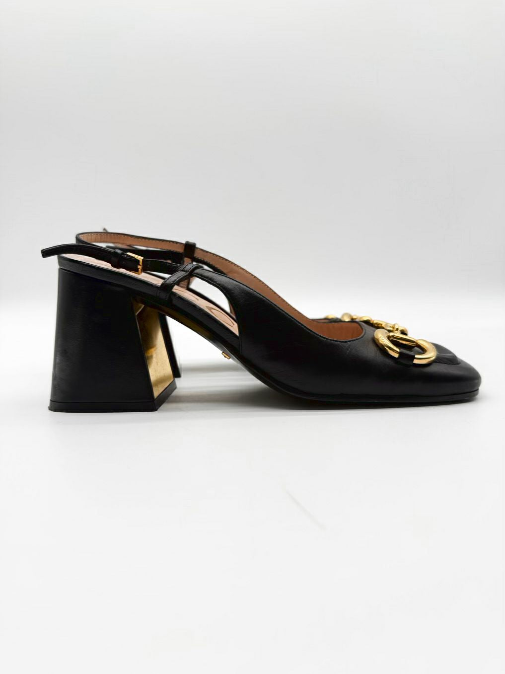 GUCCI WMNS Size 36.5 Black Leather Horsebit Accent Slingback Block Heel