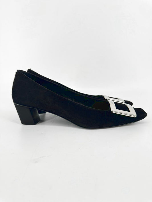 ROGER VIVIER Size 38 Black Suede Silver Buckle Heels