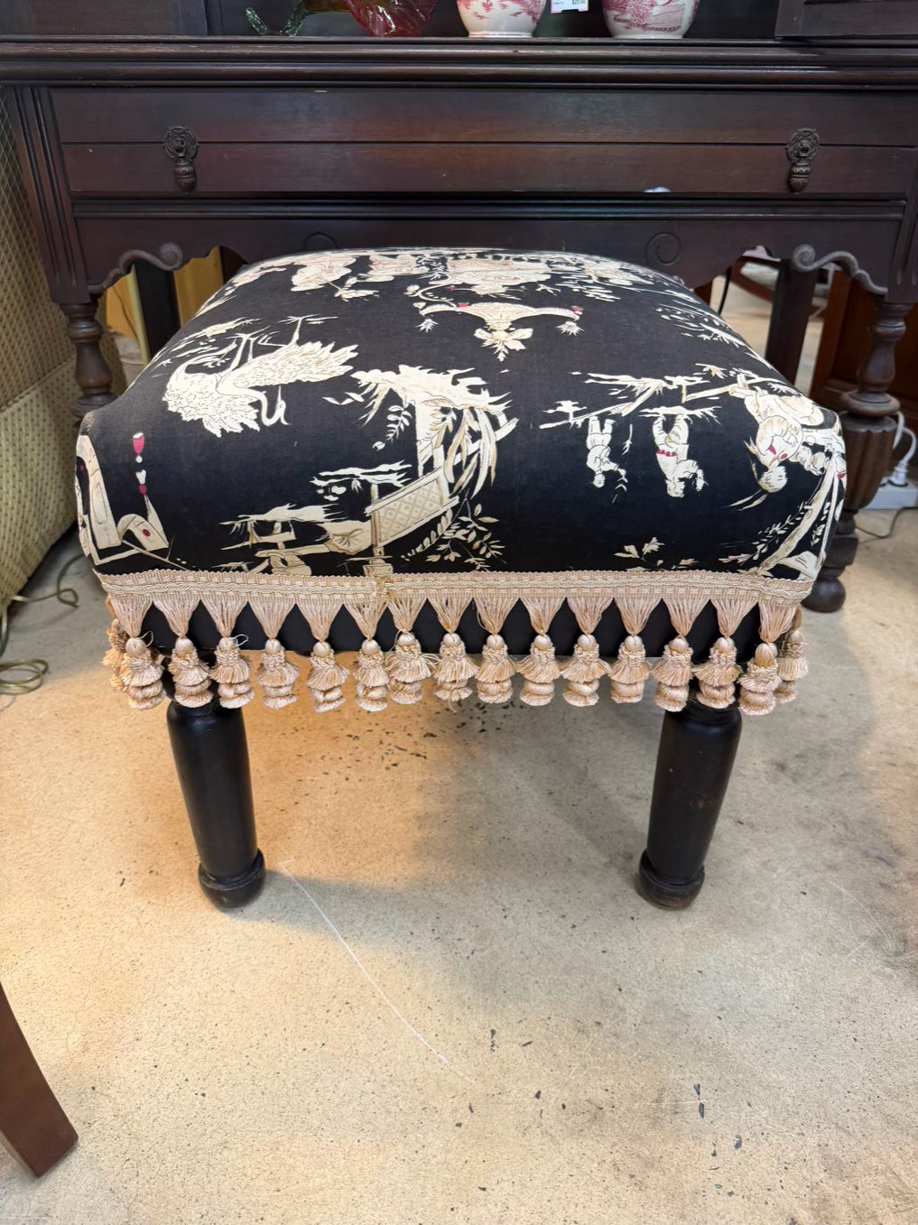 Black, Cream & Pink Wood Oriental Print Stool
