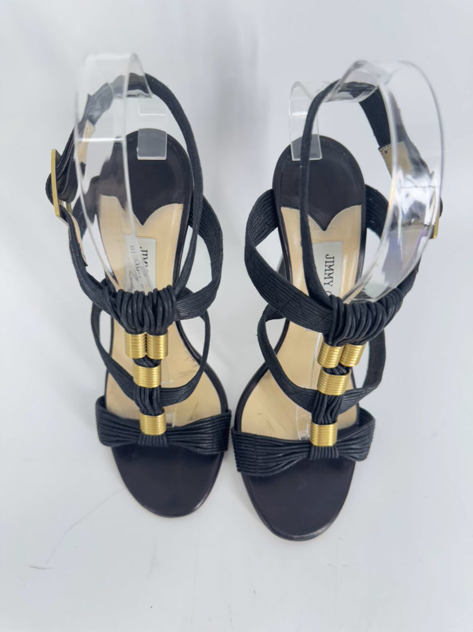 JIMMY CHOO Size 37.5 Black & Gold Leather Strappy Pumps