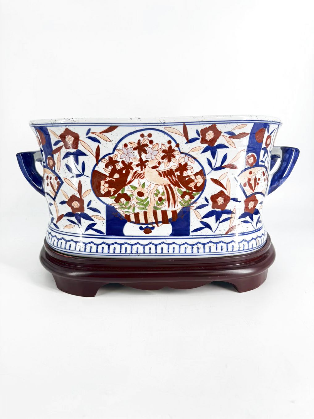 Navy, Rust & White Porcelain Foot Bath w/ Wood Base