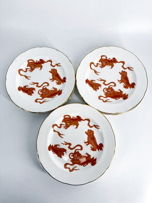 WEDGWOOD White & Orange Ceramic Red Chinese Tigers Dinner Plate Setting For 9