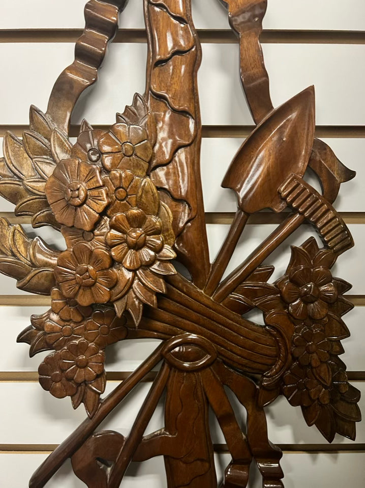 Wood Carved Bow & Floral Wall Hanging