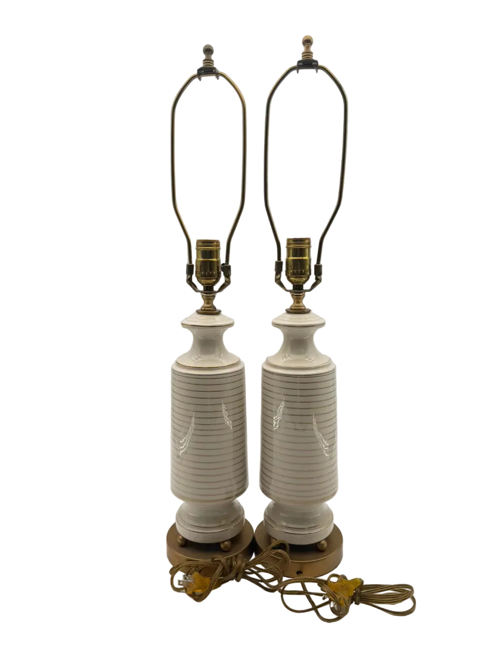 MID CENTURY White & Gold Cylinder Ceramic Pair Of Lamps No Shades