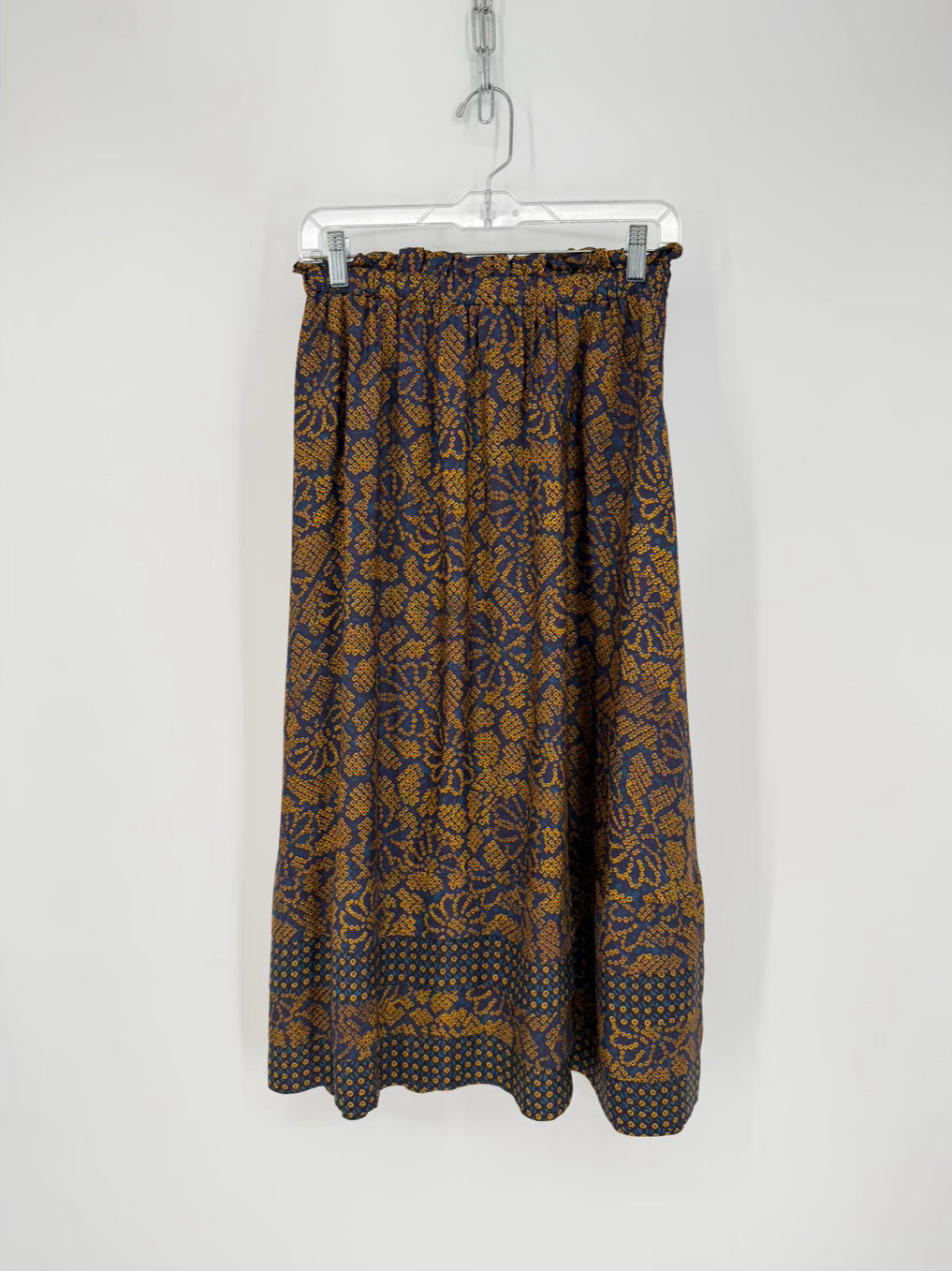 ULLA JOHNSON Size 4 Gold & Navy Silk Blend Maxi-Skirt