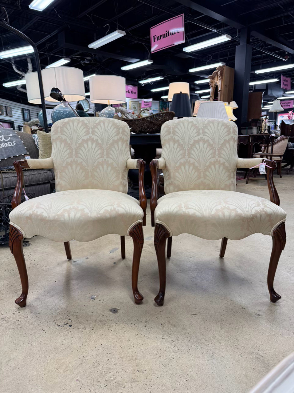 CENTURY Yellow Damask Upholstered Wood Queen Ann Pair of Chairs