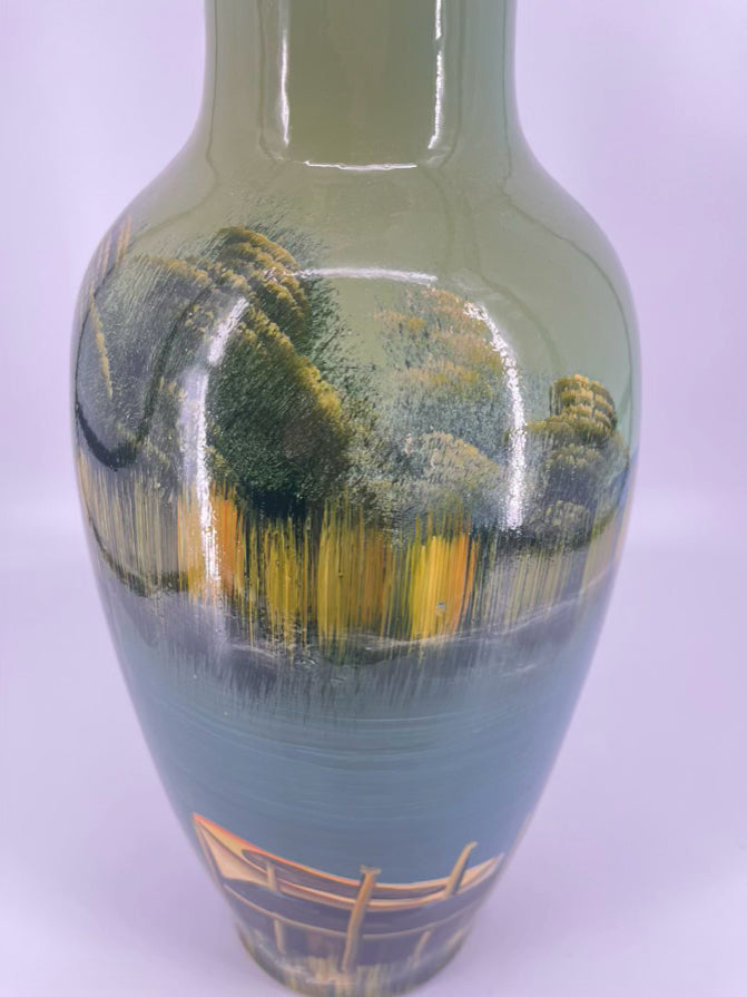 ABBY GELINA Green & Yellow Painted Boat Scene Vase
