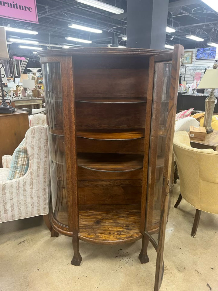 Dark Tiger Oak Bow Front China Cabinet w/ Shelves
