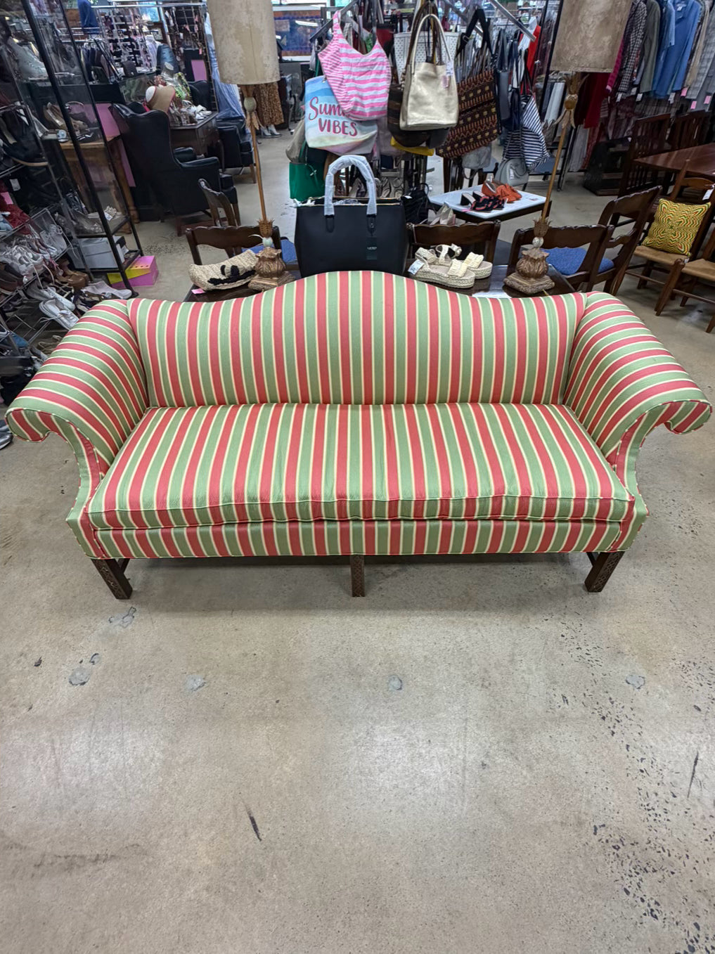 Salmon, Green & Yellow Striped Chippendale Sofa