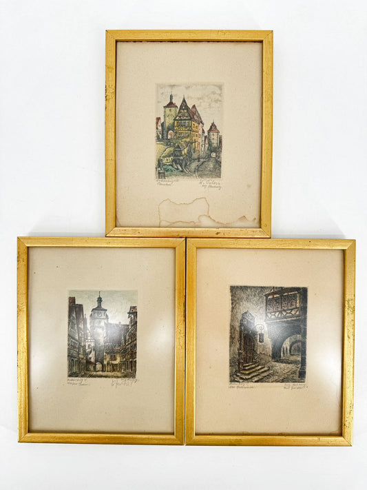 Set of 3 Germany Etchings in Gold Frames