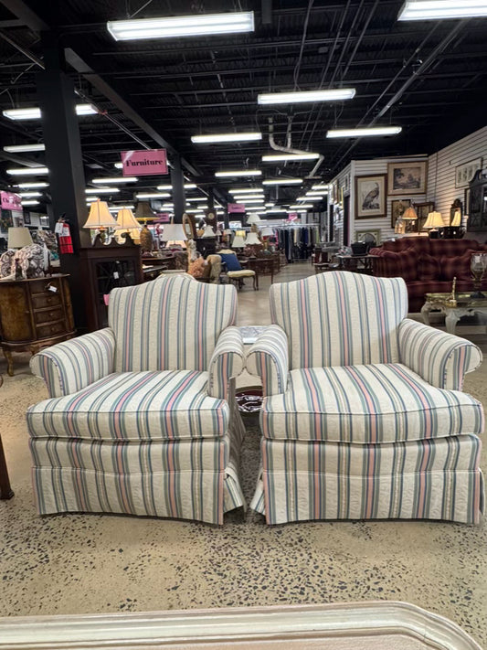 VANGUARD Cream, Blue & Pink Stripe Pair of Club Chairs