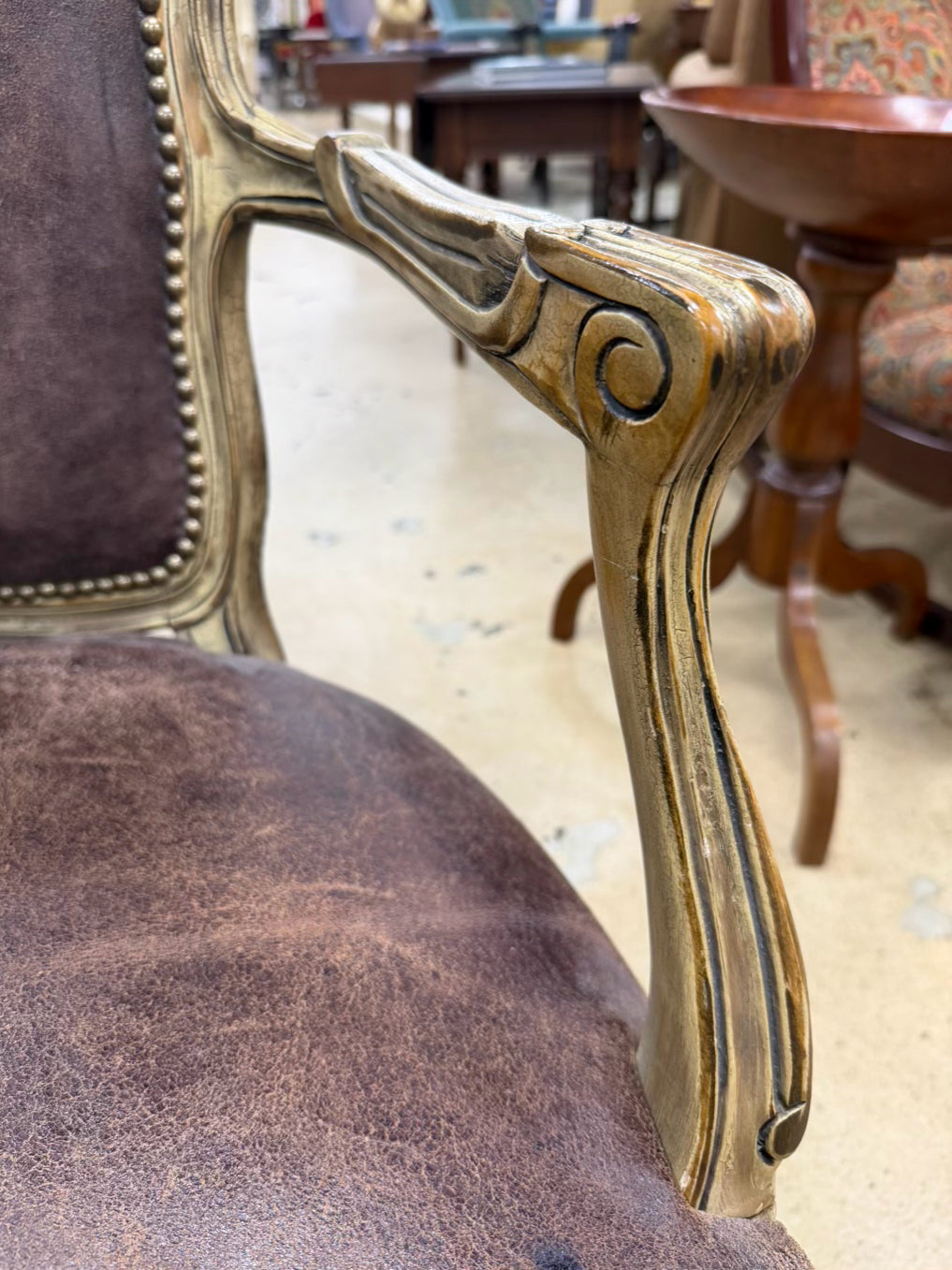OLD HICKORY TANNERY French Provincial Cream Wood Chair w/ Brown Leather