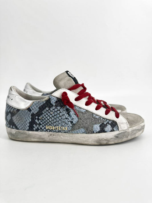 GOLDEN GOOSE Size 38 Blue, Gray & Red Leather Animal Print Sneakers