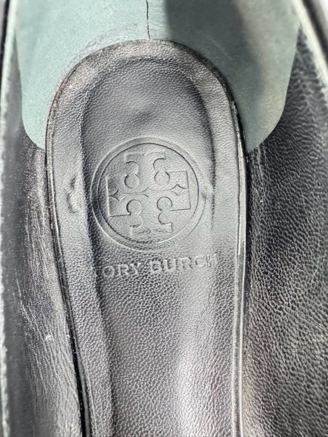 TORY BURCH Size 8 Black Leather Leopard Print Animal Hair Flats