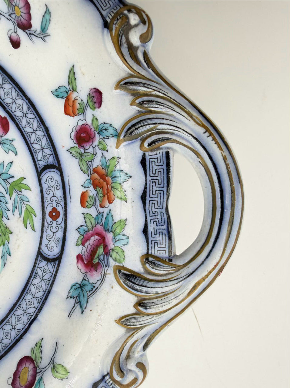 Blue, White & Pink Porcelain Floral Decorative Footed Plate