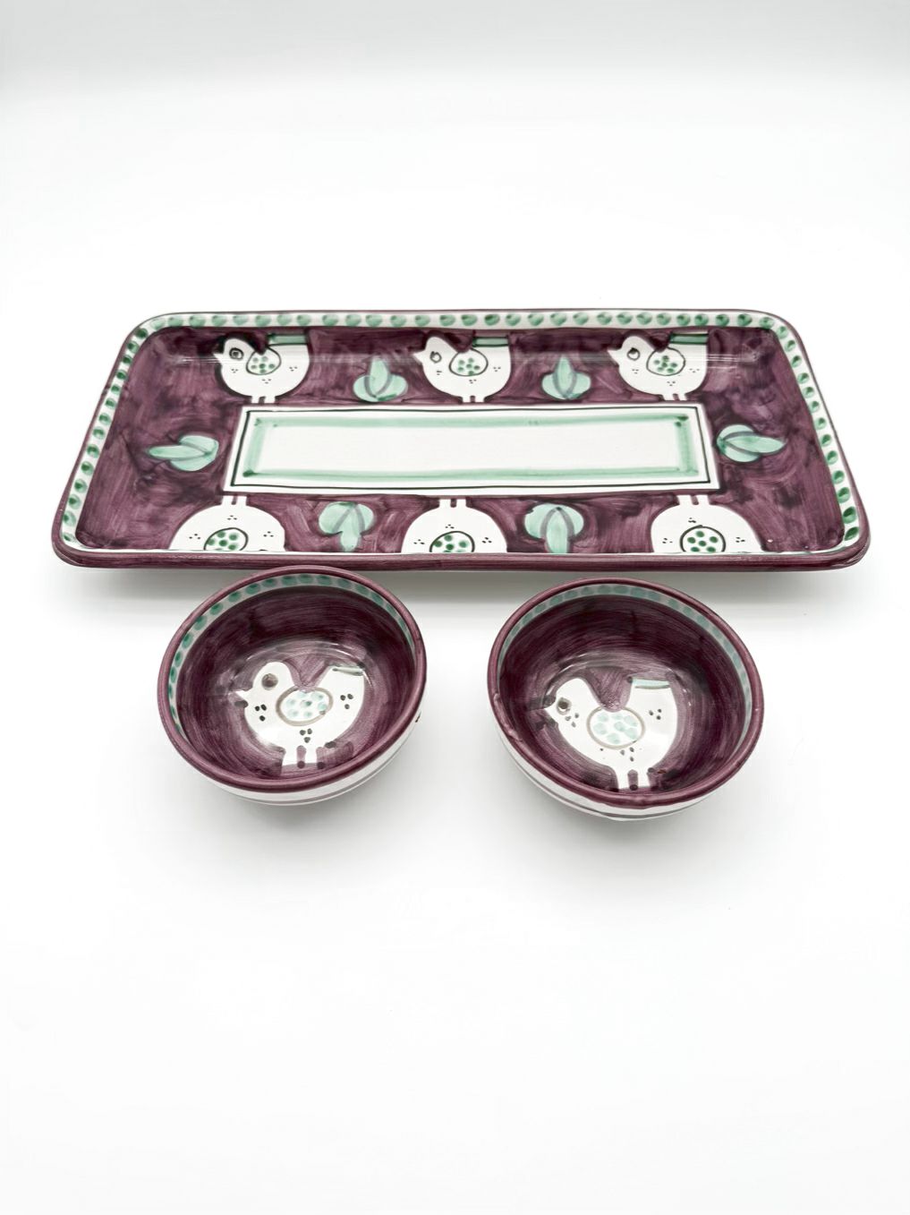 VIETRI Purple & Aqua Pottery Birds Bread Tray w/ 2 Small Oil & Vinegar Bowls