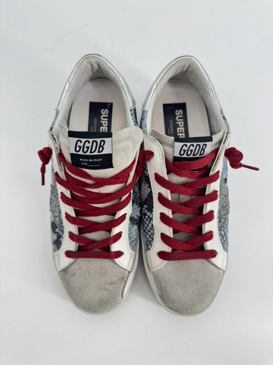 GOLDEN GOOSE Size 38 Blue, Gray & Red Leather Animal Print Sneakers