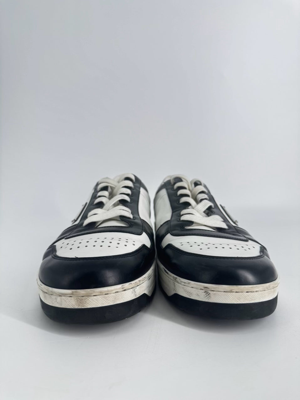 PRADA Size 11 Black & White Leather Downtown Sneakers