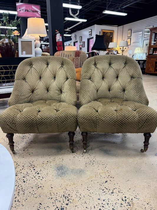 Green & Gold Tufted Pair of Chairs