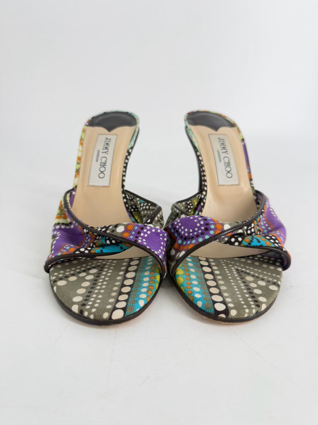 JIMMY CHOO Size 38 Purple & Green Canvas Print Heels
