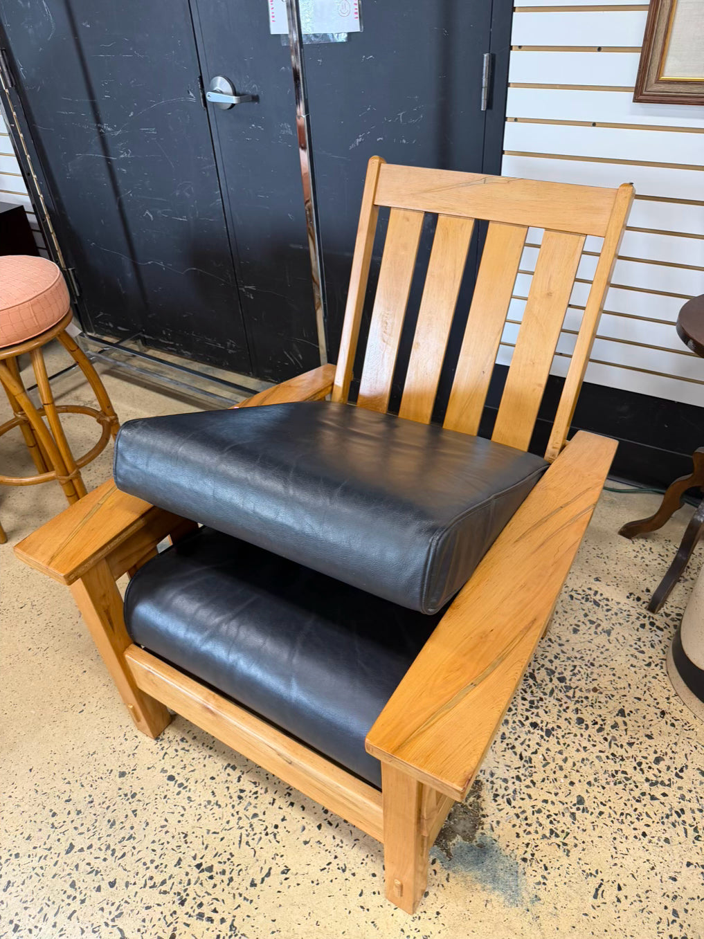 HAND CRAFTED Light Maple William Morris Style Chair w/ Black Leather Cushions