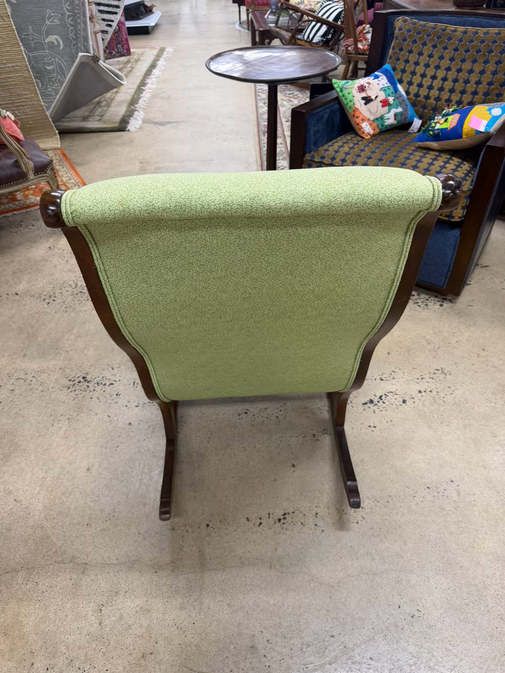VINTAGE Wood Gooseneck Rocking Chair w/ Green Fabric & Pillow