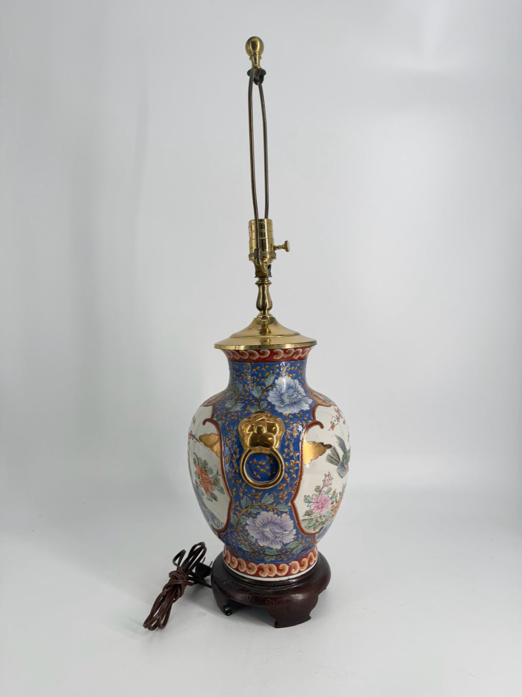 Blue, White & Rust Oriental Porcelain Birds Lamp No Shade