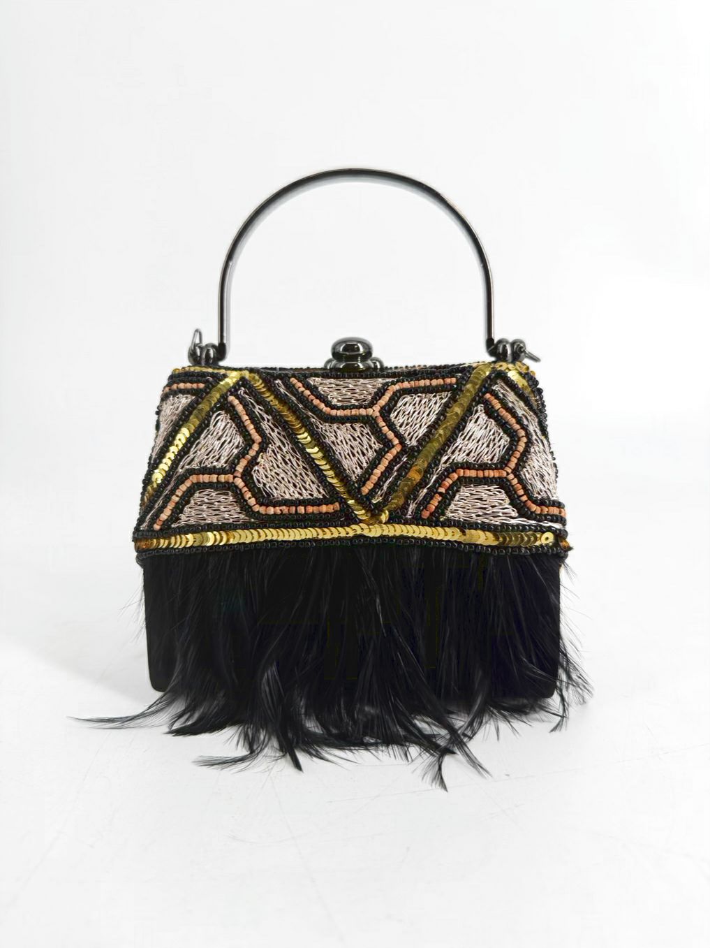 MOO ROO CHARLESTON SIGNED MARY NORTON Black Feather Beaded Art Deco Evening Bag