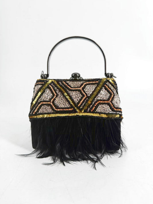 MOO ROO CHARLESTON SIGNED MARY NORTON Black Feather Beaded Art Deco Evening Bag