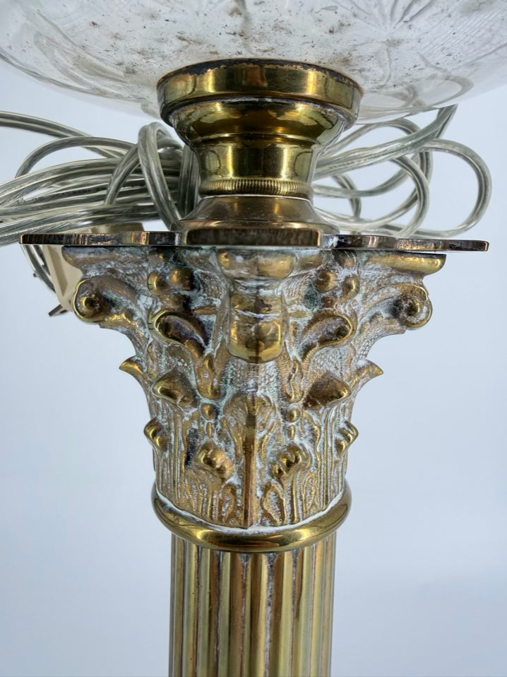 VINTAGE Glass & Brass Column Lamp w/ Shade
