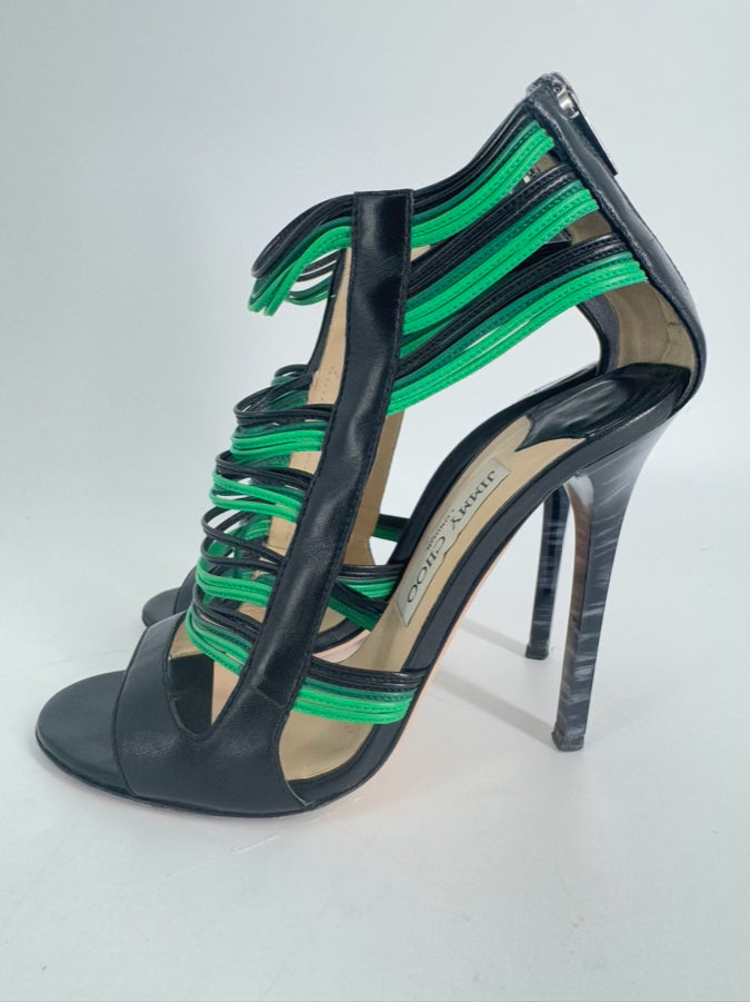 JIMMY CHOO Size 37.5 Green & Black Leather Strappy Pumps