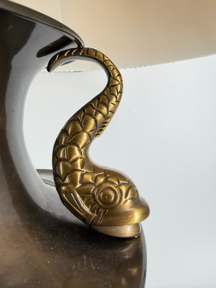 STONEGATE Bronze Metal Lamp w/ Fish Handle Detail & Shade