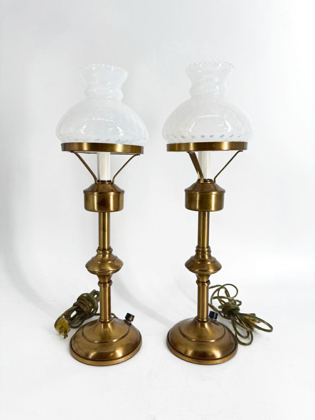 VINTAGE Mid-Century Brass Hurricane Pair Of Lamps w/ White Swirl Glass Globes