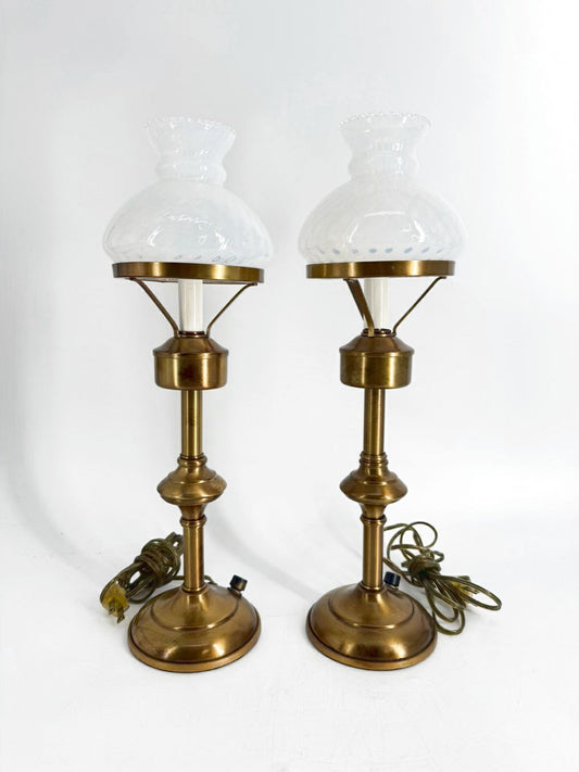 VINTAGE Mid-Century Brass Hurricane Pair Of Lamps w/ White Swirl Glass Globes