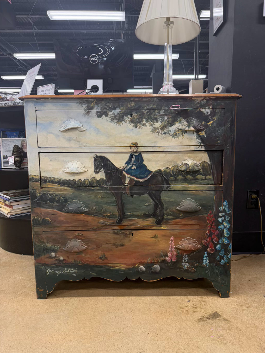 VINTAGE Painted Wood Girl On Horse 3 Drawer Chest