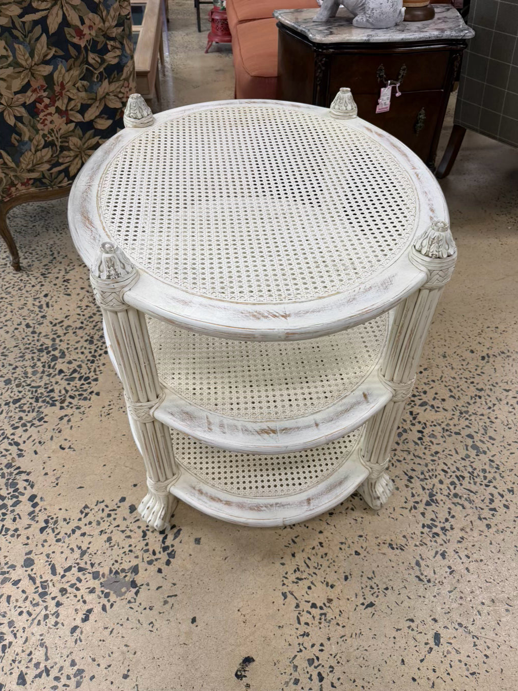 White Wood Occasional 3 Tier Table w/ Cane Shelves