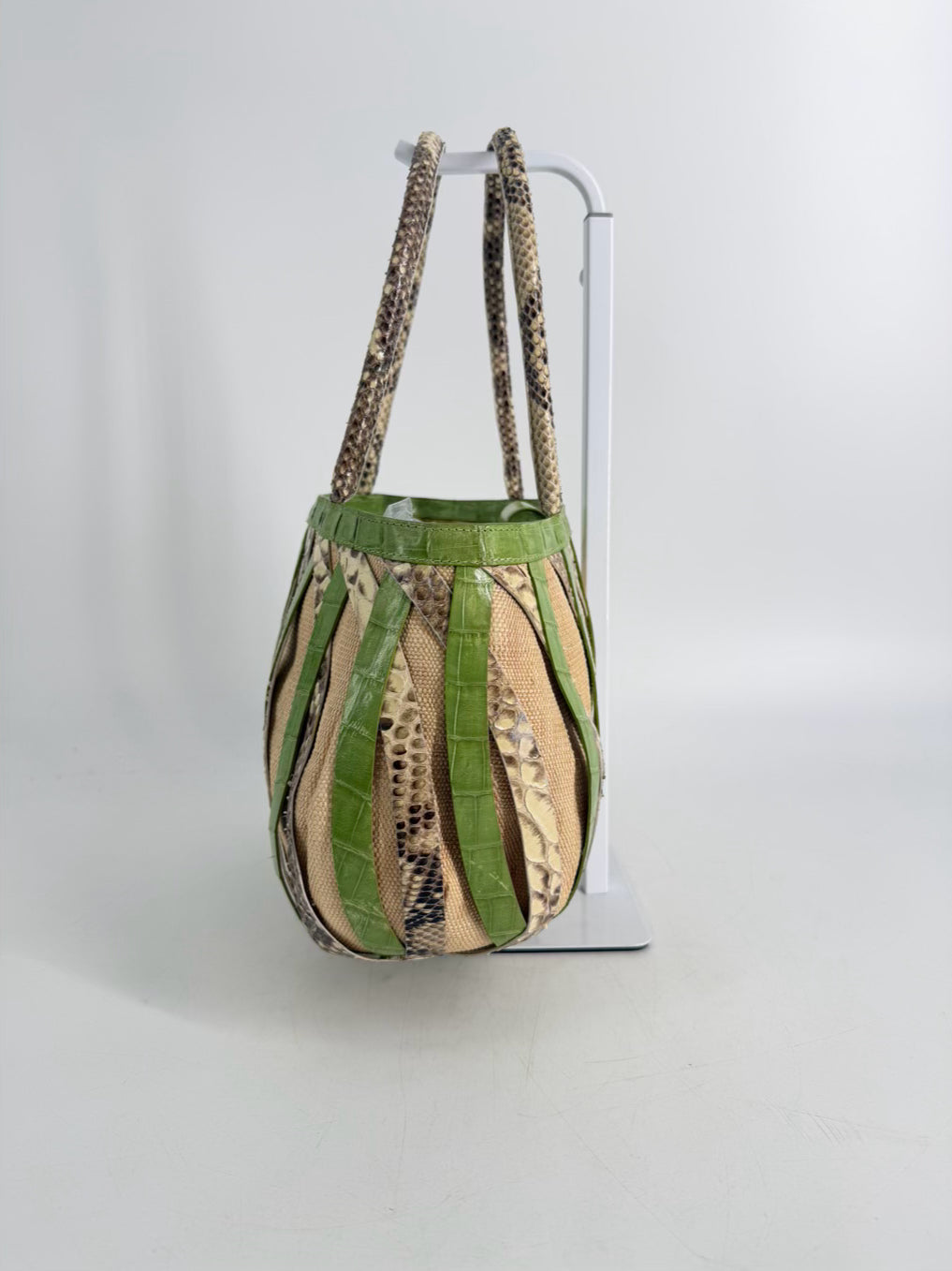 NANCY GONZALEZ Green Exotic Python , Crocodile & Canvas Tote Shoulder Bag